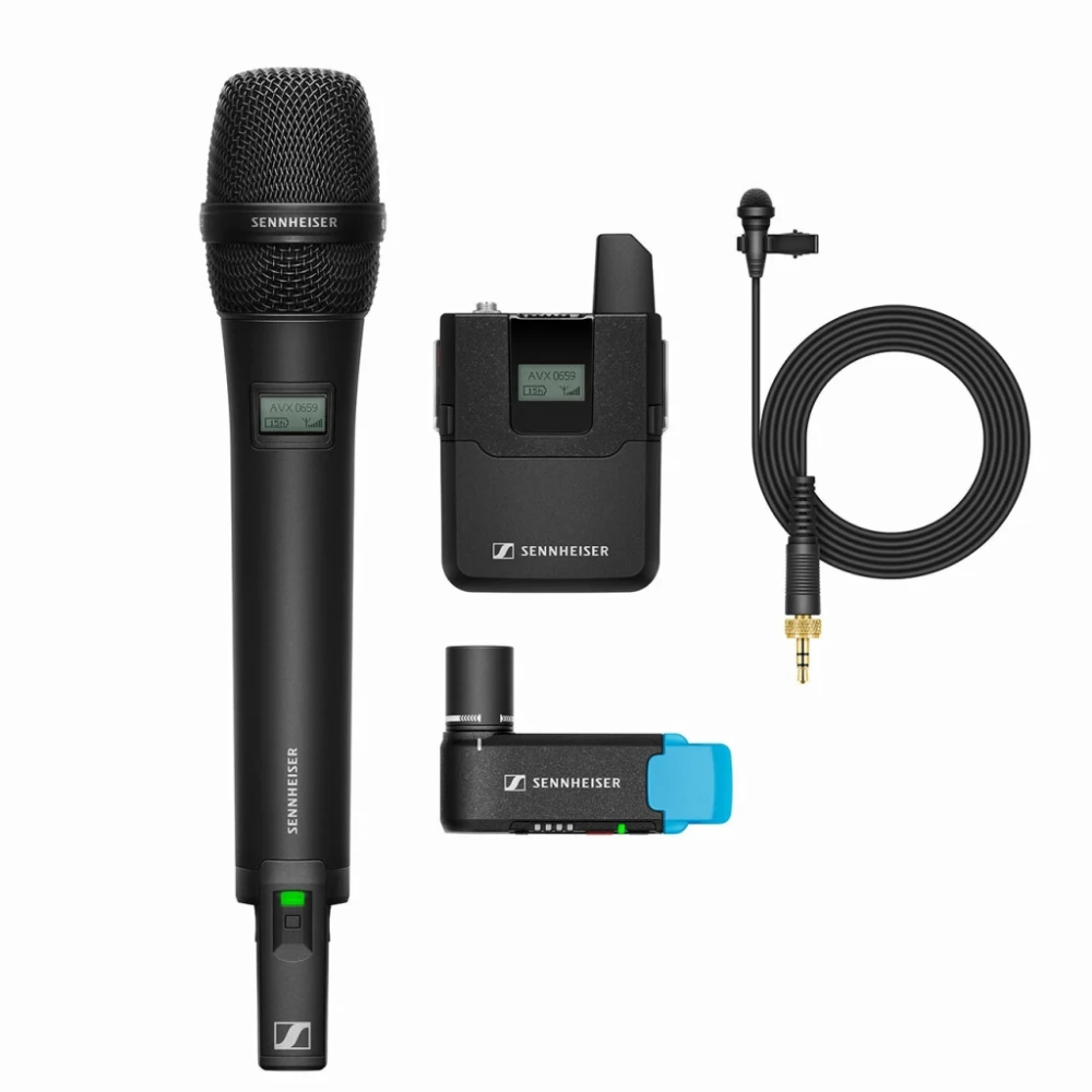 Sennheiser AVX-ME2/835 SET cyfrowy bezprzewodowy system audio, kamerowy z mikrofonem do ręki, nadajnikiem miniatorowym i mikrofonem ME 2