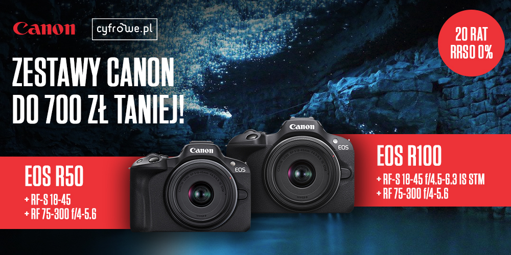 Canon EOS 100 oraz R50 w zestawie z obiektywami taniej do 700 zł